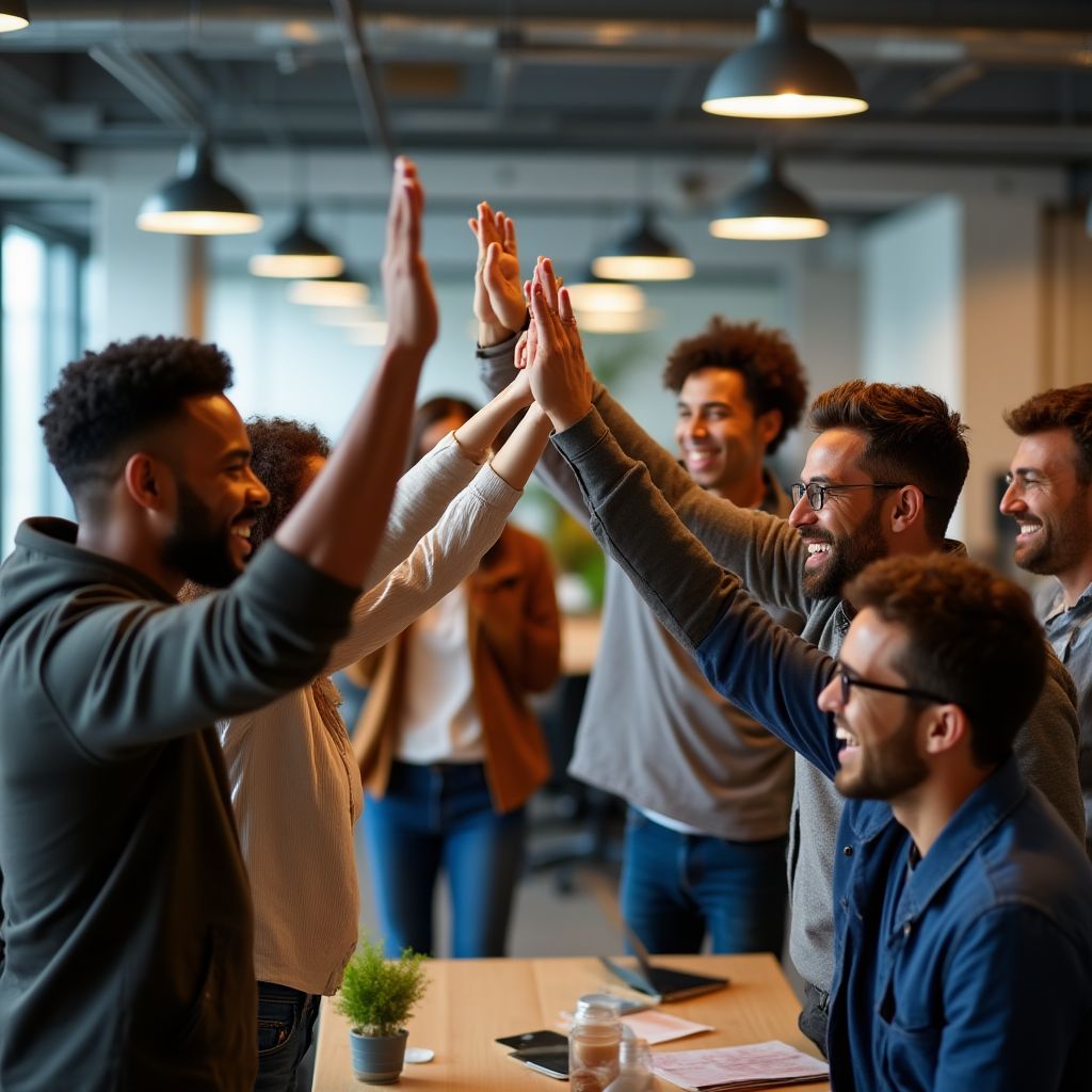 Equipo de una empresa tecnológica celebrando