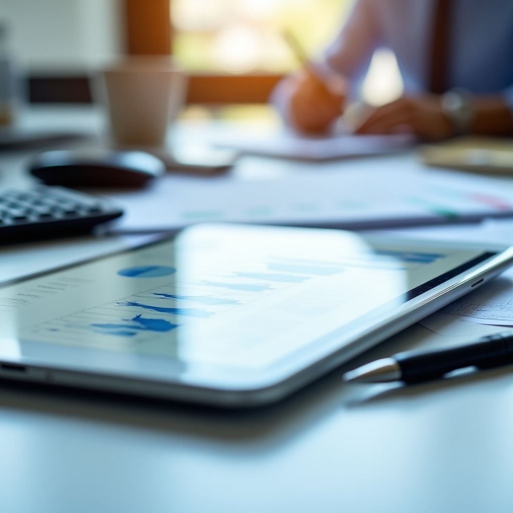 Gráficos financieros y calculadoras sobre un escritorio